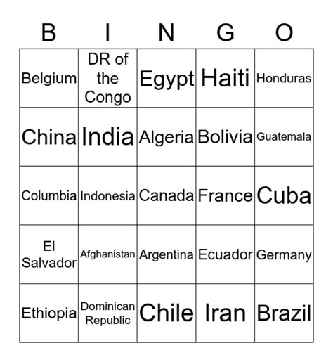 Countries And Capitals Bingo Card