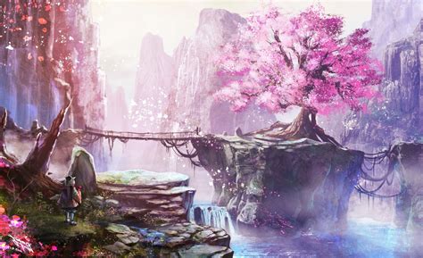 Wallpaper Cherry Blossom Bridge Anime Girl Waterfall Nature Anime