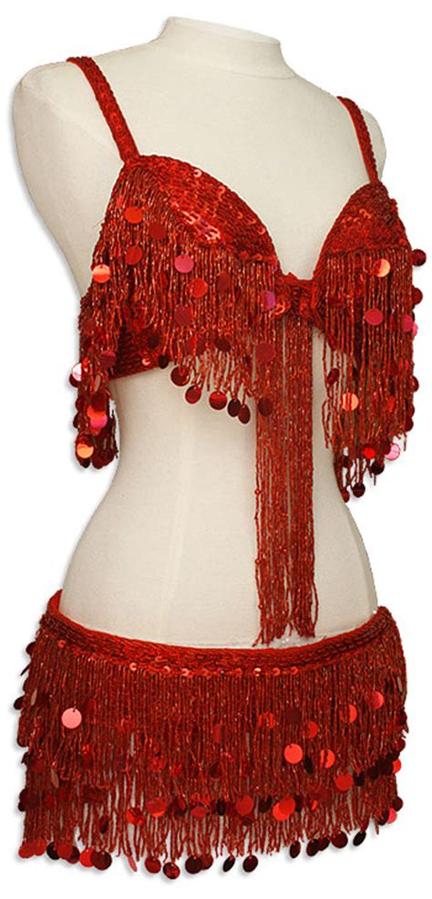 red sequin fringe and paillette egyptian bra and belt belly dance costume at