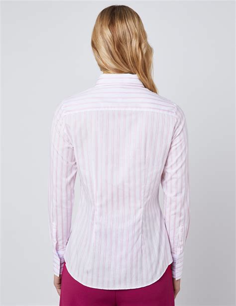 Womens White And Light Pink Stripe Fitted Shirt Single Cuff Hawes And Curtis