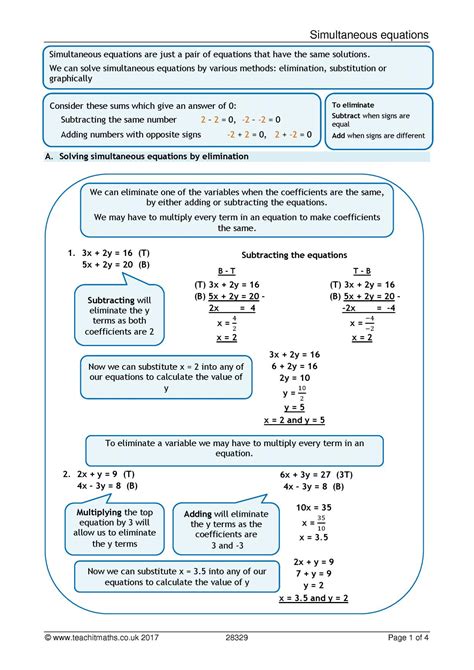 Simultaneous Equations Review Sheet Ks Maths Teachit