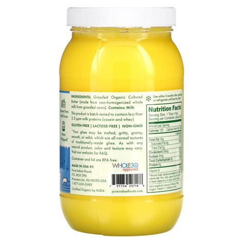 Pure Indian Foods Organic Grass Fed Cultured Ghee 15 Oz 425 G