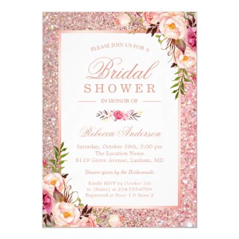 Girly Rose Gold Glitter Pink Floral Bridal Shower Invitation