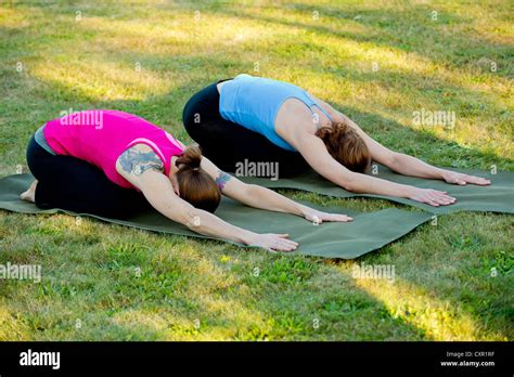 Two Women Stretching On Yoga Mats Outdoors Stock Photo Alamy