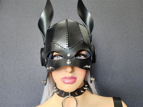 Black Leather Dog Mask Fetish Party Mask Bdsm Mask Dog Hood Etsy