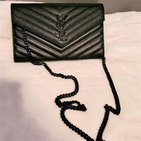 Purse Ysl All Black Leather With Black Letters And Chain Purse Can