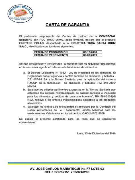 Carta De Garantia Certificado De Calidad Comercial Brigithe Pdf
