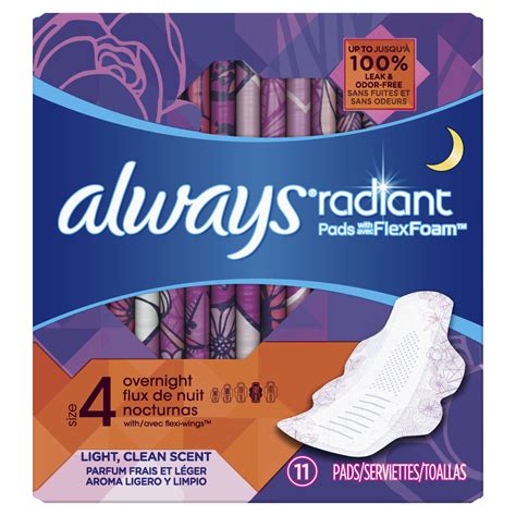 always radiant overnight pads size 4 light clean scent 11 count