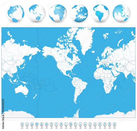 America Centered Blank World Map And 3d Globes And Navigation Icons