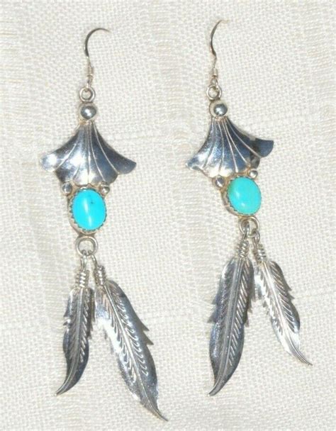 Navajo Artisan Turquoise Sterling Silver Feather Dangle Earrings