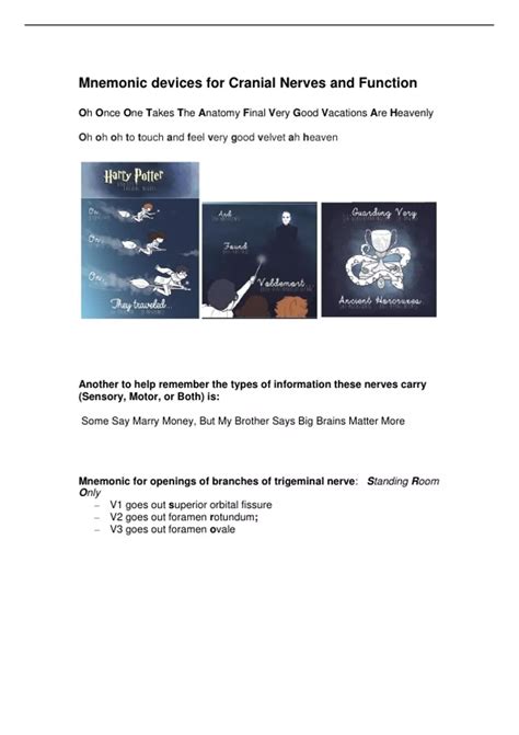 Summary Cranial Nerves Mnemonics - DHYG 1301 (DHYG1301) - Stuvia US