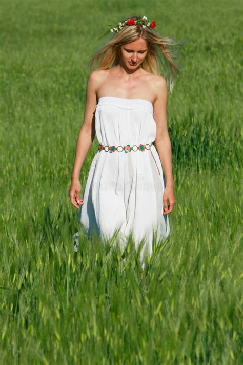 Beautiful Girl Walking In Green Field Stock Image Image Of Smile