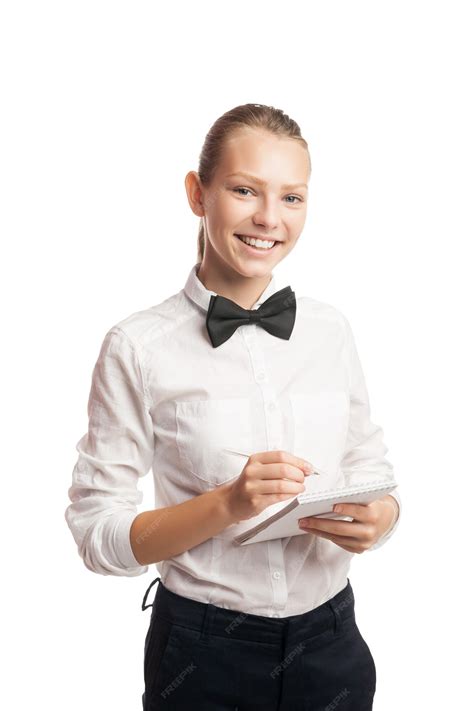 Premium Photo Portrait Of Cheerful Waitress In Uniform Taking Order