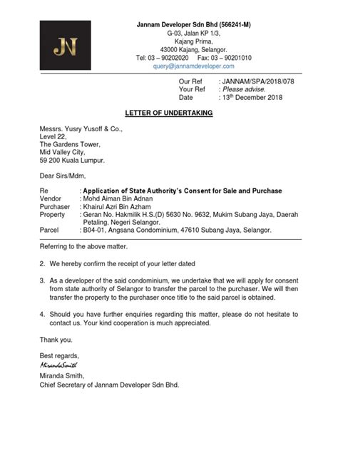 Advertisements sample letter of undertaking for shipping the export items by sea, and by air for clearance of the export items, and their quality. Letter Of Undertaking: Mirandasmith