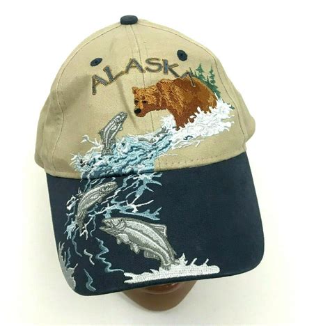 Alaska Salmon Run Fishing Hat Baseball Cap Leather Strapback Camel