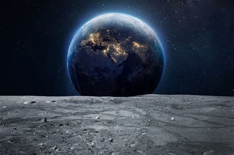 Moon Surface And Earth At Night In Deep Space Planet And Satellite Artemis Space Program