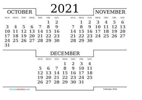 Free October November December 2021 Calendar Printable 215054