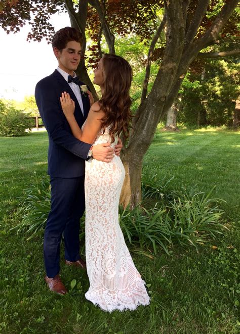 Prom couple, white dress, prom, prom pictures, navy suit, summer | Prom ...