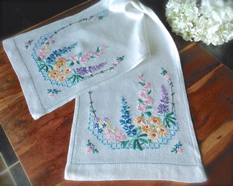 Hand Embroidered Cottage Garden Vintage Linen Table Runner Reserved