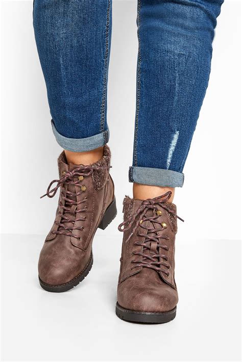 Brown Hiker Lace Up Ankle Boots In Extra Wide Fit Yours Clothing