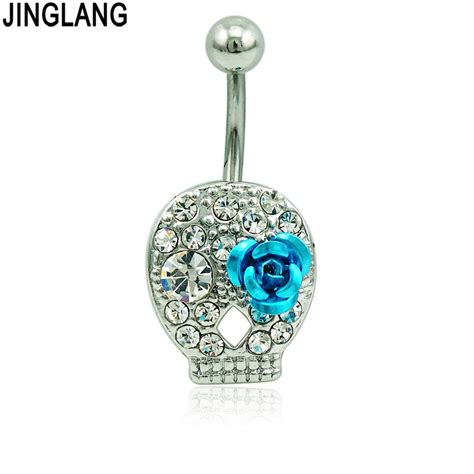 Jinglang Fashion Navel Rings Surgical Steel Rhinestone Skull With Rose Belly Button Rings For