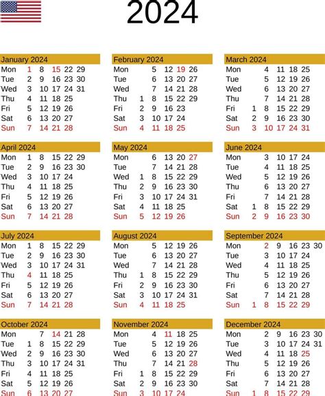 Year 2024 Calendar In English With United States Holidays 23083875