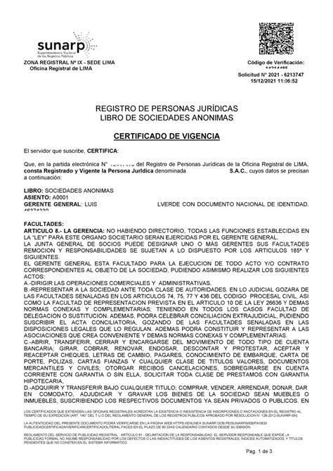 Certificado De Vigencia De Poder Pers Jurídica Registro De Personas Juridicas Amazonaso
