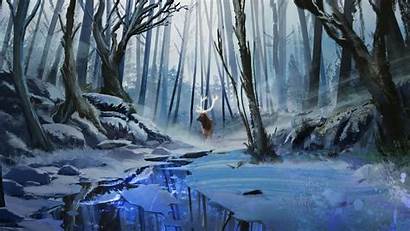 Forest Deer Winter River Background 1080p Widescreen