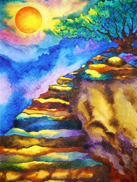 Abstract Art Mountain Tree Full Moon Night Watercolor Painting