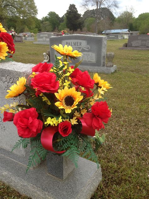 Cemetery Vase Using Red Roses Yellow Sunflowers Yellow Forsythia With