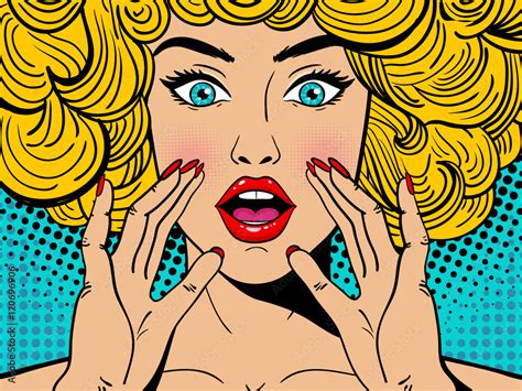 sexy surprised blonde pop art woman with wide open eyes and mouth and rising hands screaming