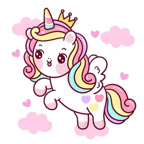 Premium Vector Cute Unicorn Cartoon Princess Pegasus On Cloud Kawaii