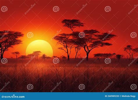 Amazing Red Sunset In The Savannah Stock Photo Image Of Landscape