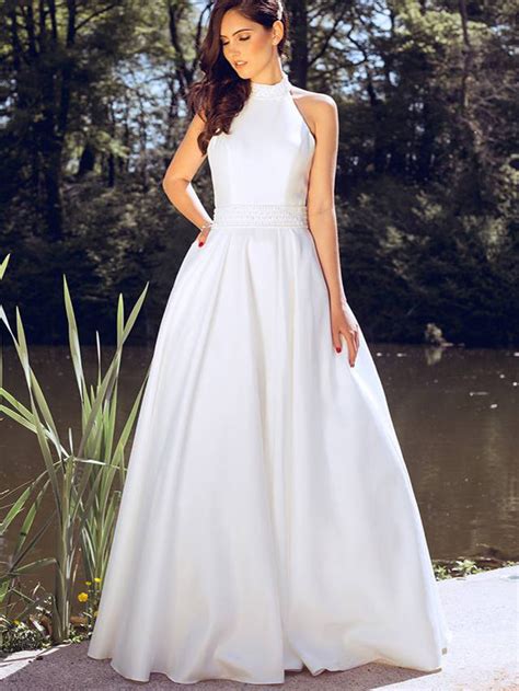 Simple Wedding Dresses Floor Length A Line Beading Halter Cheap Bridal