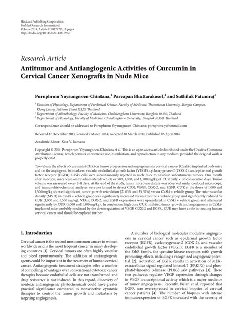 Pdf Antitumor And Antiangiogenic Activities Of Curcumin In Cervical