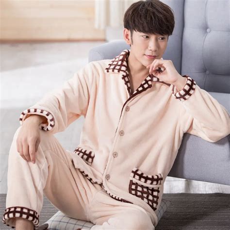 Men Pajama Set Winter Flannel Thick Warm Men Sleepwear Suit Long Sleeve