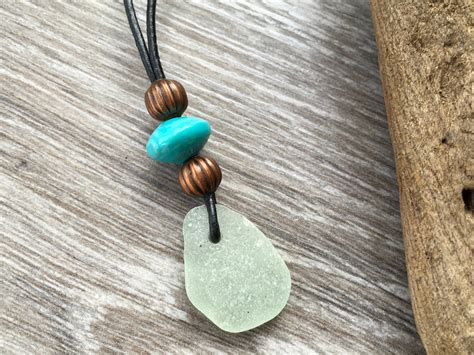 Genuine Sea Glass Pendant Necklace On An Adjustable Black Leather Cord