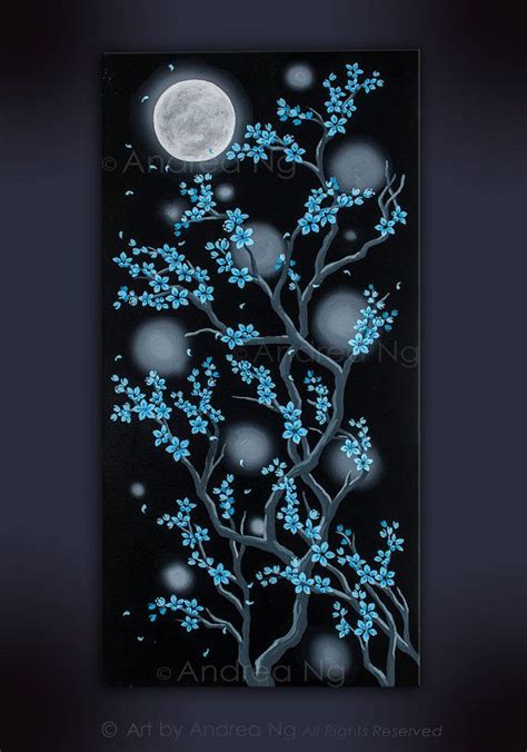 Blue Cherry Blossom Painting Surreal Art Gothic Painting Moon Canvas