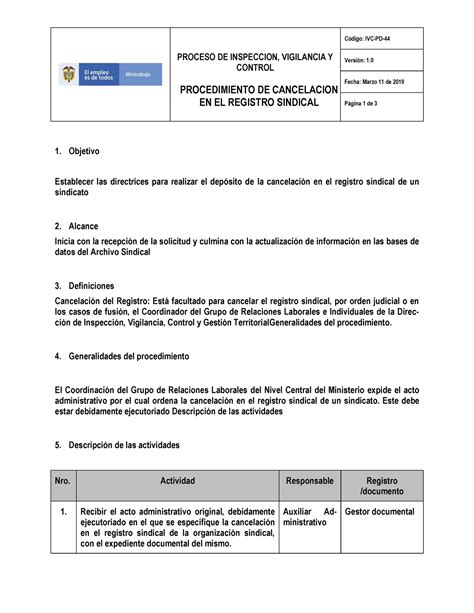 Procedimiento De Cancelaci N En El Registro Sindical Proceso De