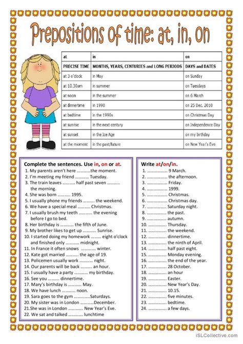 Prepositions Of Time In On At Gr English ESL Worksheets Pdf Doc