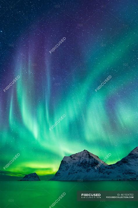 Northern Lights Over Haukland Beach Leknes Lofoten Nordland Norway