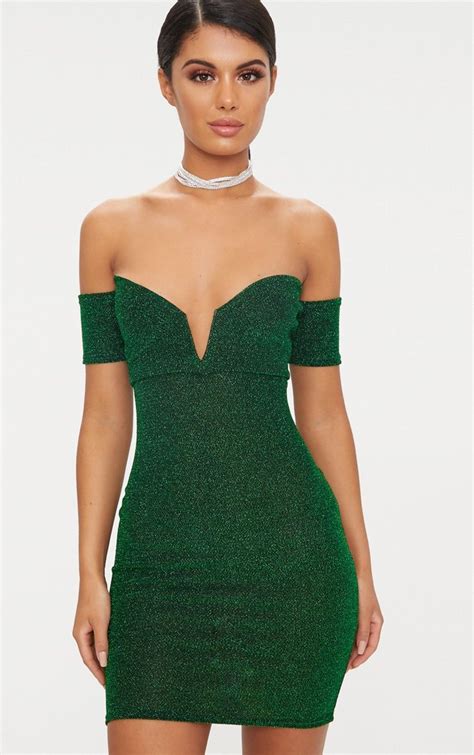 Green Glitter Bardot V Plunge Bodycon Dress Plunge Bodycon Dress