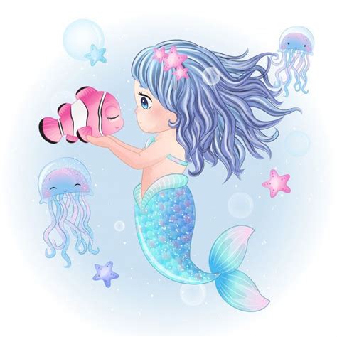 Premium Vector Hand Drawn Cute Mermaid Character Watercolor Mermaid