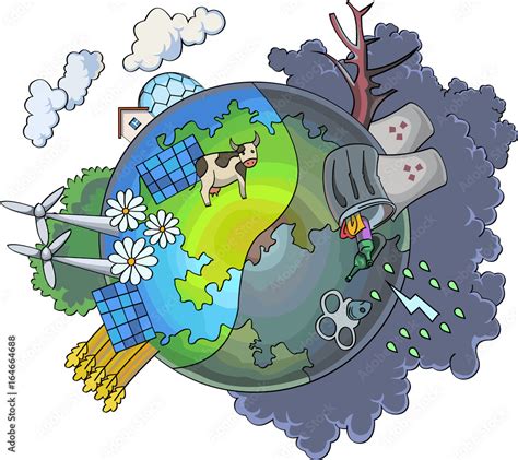 Ecology Earth Two Sides Clean And Pollution Bad Ecology Vector