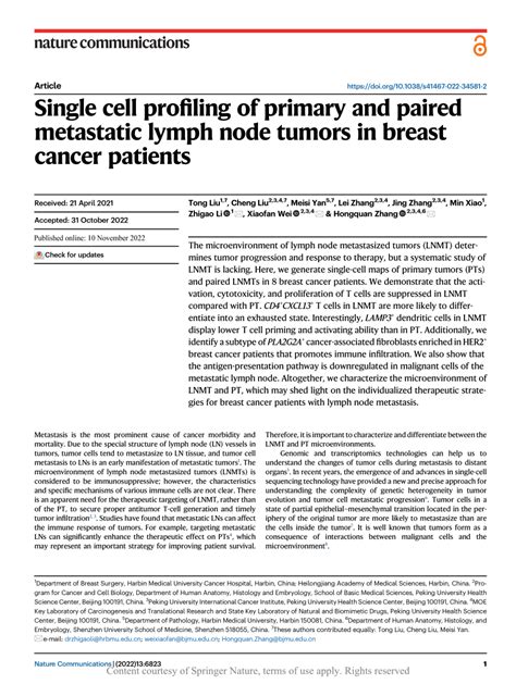 Pdf Single Cell Profiling Of Primary And Paired Metastatic Lymph Node Tumors In Breast Cancer