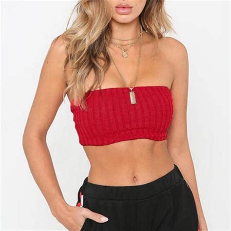 Aliexpress Com Buy FEITONG Sexy Strapless Tops Women Casual Solid Knitting Sleeveless Short