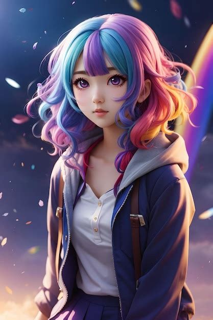 Premium Ai Image Cute Anime Girl With Rainbow Hair Rainbow Colorful