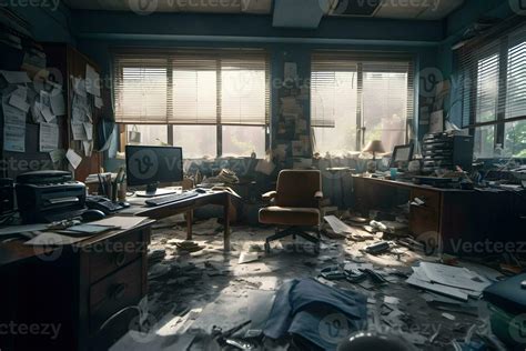 Messy Abandoned Office After Company Shut Down The Desk Is Cluttered