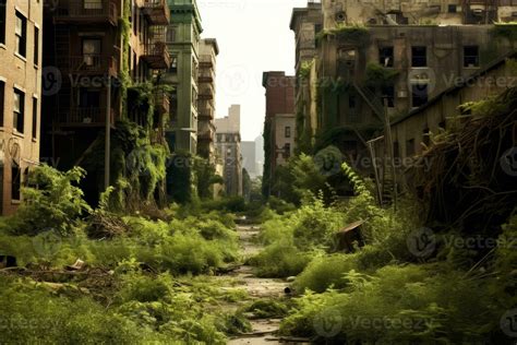 An Image Depicting A Deserted City With Overgrown Vegetation And