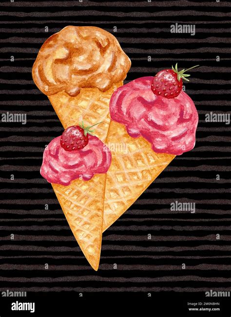 Watercolor Ice Cream On A Black Background Composition With Waffle Ice Cream Cone Strawberry